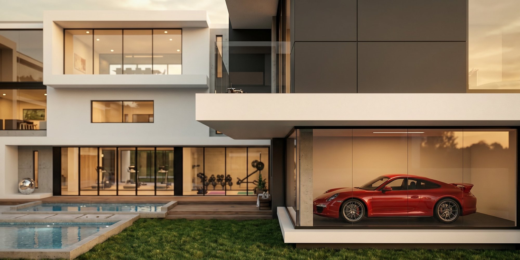 KNE Residence — gym wing and glass-walled garage